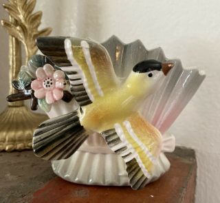 Vintage Ceramic Planter Wall Pocket Vase Mid Century Bird Sparrow Flowers Bow