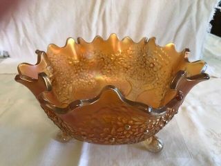 Antique Vintage Fenton Orange Tree Marigold Carnival Glass Footed Fruit Bowl