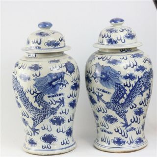 A Pair Chinese Blue&white Porcelain Dragon Hat - Covered Jar