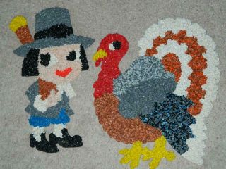 Turkey Pilgrim Melted Plastic Popcorn Thanksgiving Wall Decorations Vtg Set/2