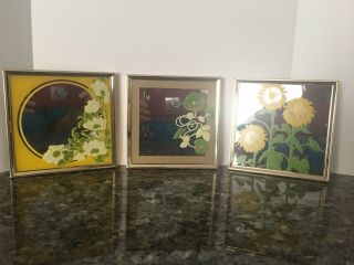 Vintage 1970’s Mirrored Floral Silk Screen Framed Wall Art Set Of 3