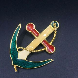 Vintage Gold Tone Enamel Anchor Nautical Patriotic Red White Blue Brooch Pin