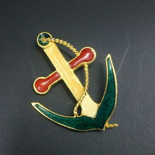 Vintage Gold Tone Enamel Anchor Nautical Patriotic Red White Blue Brooch Pin 2