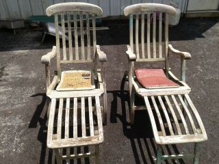 Antique Vintage Wooden Folding Lounge Chair Steamer Ship Deck Chairs (two)