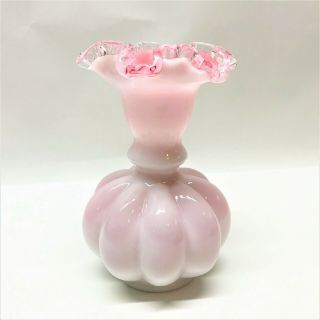 Fenton Silver Crest Pink Cased Melon Ruffle Vase Mcm Vintage