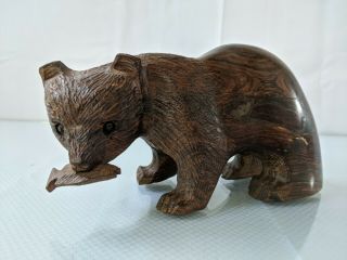 Vintage Ironwood Wooden Hand Carved Brown Bear Figure Fish In Mouth
