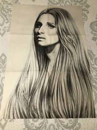 Rare Old Vintage Fold Out Poster Of Barbra Streisand With Long Hair 1972