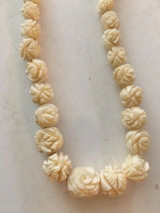 Vintage Ivory Color Bovine Rose Carved Necklace 16” Barrel Clasp