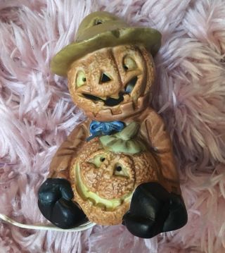 Vintage Ceramic Painted Lighted Halloween Scarecrow Pumpkins Jack O Lantern Fall