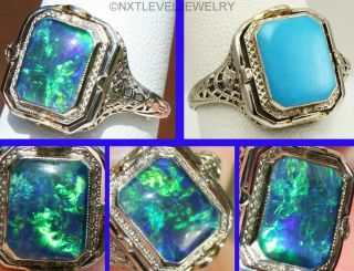 Antique Art Deco Opal & Persian Turquoise 14k Gold Filigree Cocktail Flip Ring