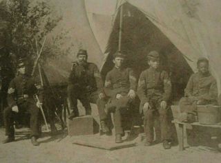 Rare Mid - 19th C Us Civil War Sepia Toned Photo Union Soldiers/tent,  Black Youth
