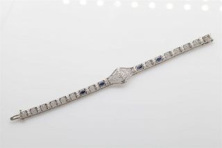 Antique 1920 14k White Gold Platinum Filigree 1ct Blue Sapphire Diamond Bracelet