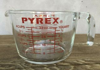 Vtg Pyrex Glass 4 Cup/1 Quart/1 Liter Measuring Cup Open Handle Red Letters 532