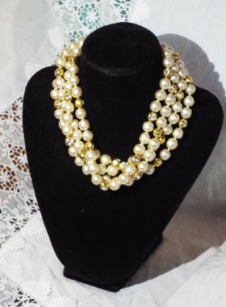 Rare Auth Chanel 4 Strand Pearl Cc Long Necklace Vintage Gold Plated W/ Crystal