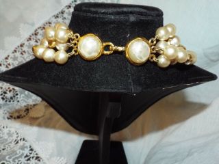 RARE AUTH CHANEL 4 STRAND Pearl CC LONG Necklace VINTAGE GOLD PLATED W/ CRYSTAL 2
