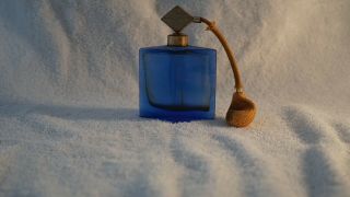 Vintage Art Glass Cobalt Blue W/ Brass Stand Perfume Bottle With Atomizer