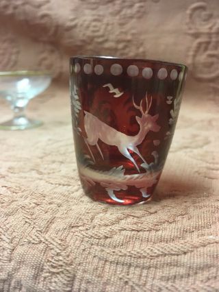 Vintage Ruby Red Cut Glass Ruhrglas Shot Glass Deer Scene 2”