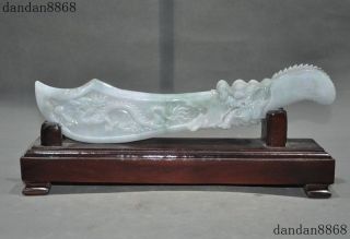 Chinese Emerald Jade Jadeite Carved Long Dragon Statue Saber Sword Knife Dagger