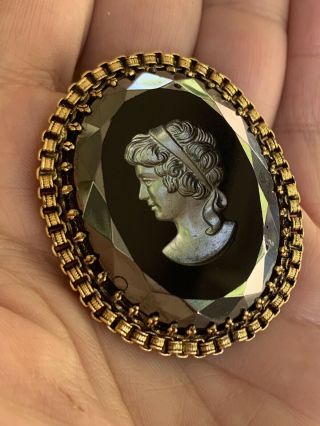 Vintage Gold Tone Black Hematite Intaglio Cameo Pin Brooch Pendant 4 Necklace