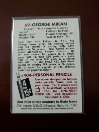 1996 Topps Stars Reprint Autographs George Mikan 30 of 50 2
