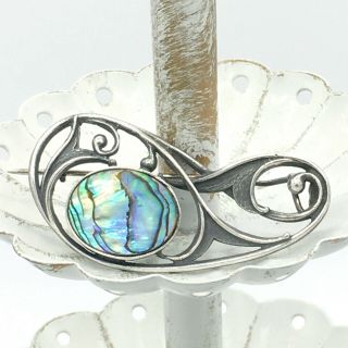 Art Nouveau Sterling Abalone Pin - Vintage Silver Shell Inlay Swirl Brooch 7.  87g