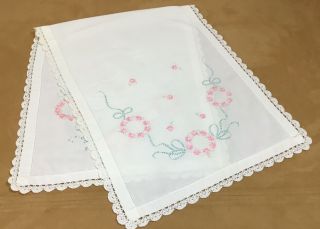 Vintage Dresser Scarf,  Cotton,  Embroidered Flowers & Leaves,  Bow,  White