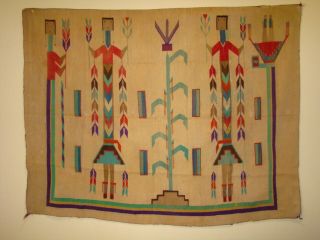 Rare Antique Navajo Sandpainting Yei Rug,  Native American Early Weaving 44x56