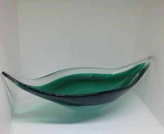 Vintage Swedish Art Glass Green White Flygsfors Coquille Bowl Mid Century