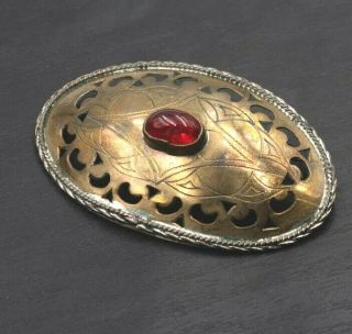 Vintage Large Victorian Brass Toned Brooch With Deep Red Cabochon