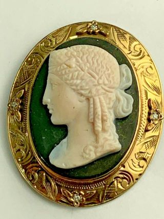 Antique Victorian High Relief Carved 14k Gold & Diamonds Cameo Brooch