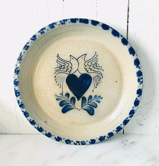 Vtg 1995 Eldreth Pottery Stoneware Blue Salt Glaze Birds & Heart 11 " Pie Plate