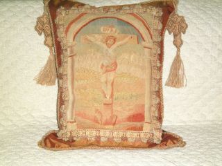 RARE LATE 18TH c - EARLY 19TH c AUTHENTIC AUBUSSON TAPESTRY OF JESUS PILLOW 2