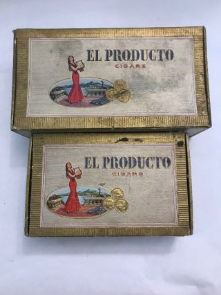 Vintage Cigar Boxes Set Of 2 El Producto Gold White Lids Empty Crafters Props