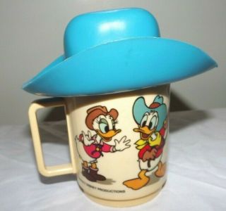 Vintage Walt Disney World Plastic Mug Cup Deka Donald Duck Cowboy Hat 1970s