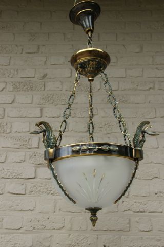 Vintage Empire Bronze Swan Arm Crystal Glass Bowl Chandelier