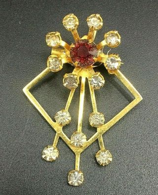 Vintage Gold Tone Ruby Red Rhinestone Spray Brooch Pin Pendant Art Deco Jewelry