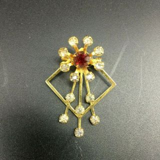 Vintage Gold Tone Ruby Red Rhinestone Spray Brooch Pin Pendant Art Deco Jewelry 2