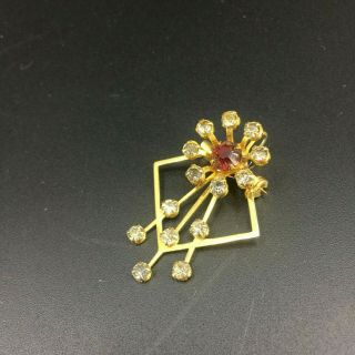 Vintage Gold Tone Ruby Red Rhinestone Spray Brooch Pin Pendant Art Deco Jewelry 3