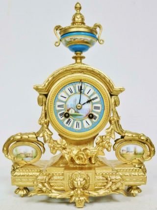 Antique French 8 Day Gilt Metal & Blue Sevres Porcelain Striking Mantle Clock