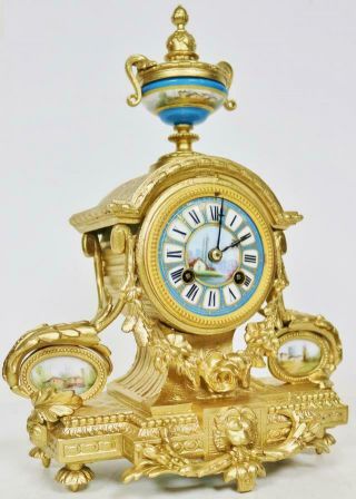 Antique French 8 Day Gilt Metal & Blue Sevres Porcelain Striking Mantle Clock 2