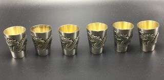 Chinese Export Antique Set Of 6 Sterling Silver Dragon Shot Cups