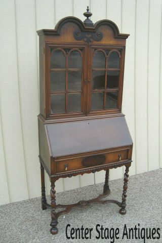 59435 Antique Walnut Jacobean Secretary Bookcase Desk Quality Karcher Rehn