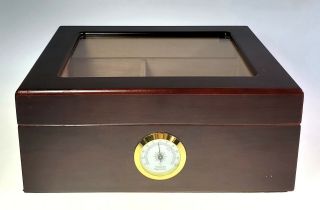 Cherry Wood 25 - 50 Cigar Glass Top Humidor Storage Box Desktop W Hygrometer