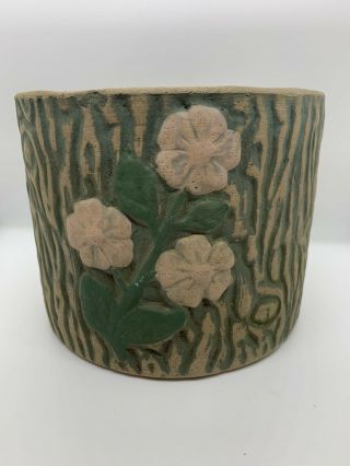Vintage Green Brushware Red Wing Art Pottery Planter Tree Trunk With Flowers