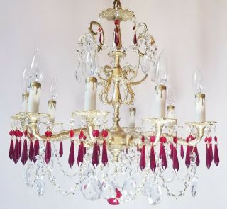 Vintage 1950s Ornate Brass & Crystals Chandelier.  Ten Lights.  Gorgeous Fixture
