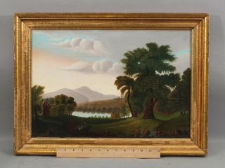 19thc Antique American Folk Art Hudson River Landscape Oil Painting Gilt Frame