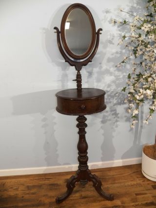 Early Victorian Antique Walnut Shaving Stand With Adjustable Mirror & Drawer