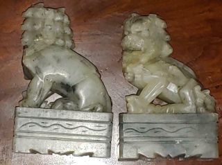 Vintage Pair Soapstone Foo Dog Statues Chinese Fine Detail 5 " Hand Carved