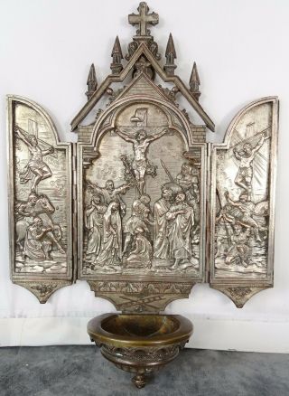 Antique French Silver Platetriptych Holy Water Font Crucifixion Signed - 1880s