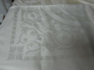 Vintage White Irish Linen Damask Tablecloth W Flowers & Leaf & Monogram 70x86